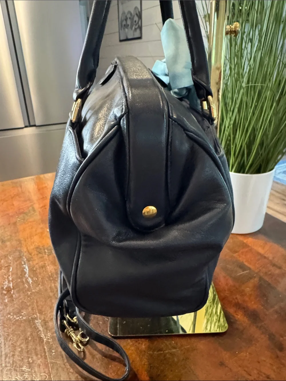 Etienne Aigner Navy Leather Satchel with Light Blue Scarf